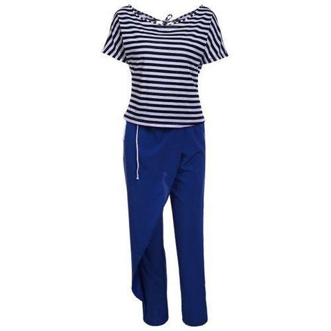 Casual Style Skew Neck Short Sleeve Striped T-Shirt + Drawstring Pants Women's Twinset - Blue And White L