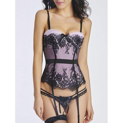 Floral Lace Steel Boned Corset Top - Light Purple L