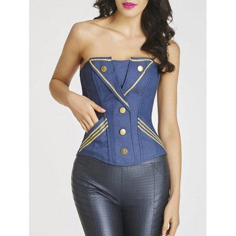 Denim Embroidered Trim Steel Boned Corset - Denim Blue Xs