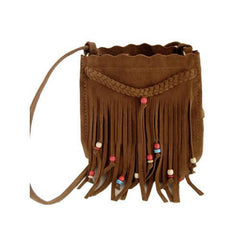 Brown Suedette Plait Beaded Tassel Shoulder Bag