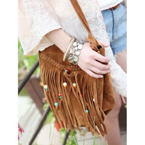 Brown Suedette Plait Beaded Tassel Shoulder Bag