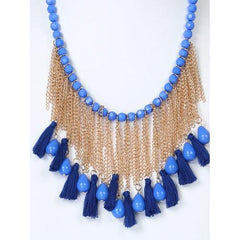 Blue Crystal Tassel Multi Layer Beaded Detail Necklace