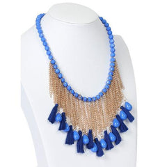 Blue Crystal Tassel Multi Layer Beaded Detail Necklace
