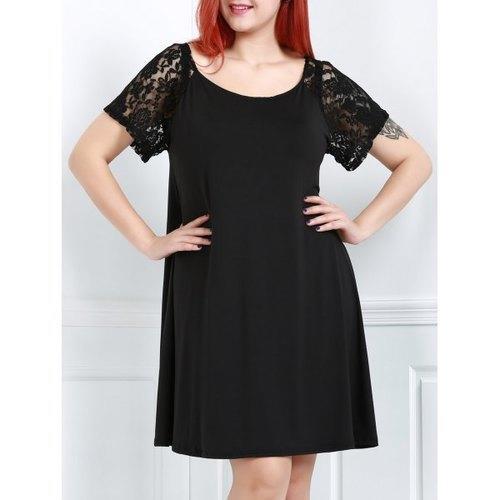 Stylish Scoop Neck Lace Splicing Plus Size Short Sleeve Dress For Women - Black 2xl