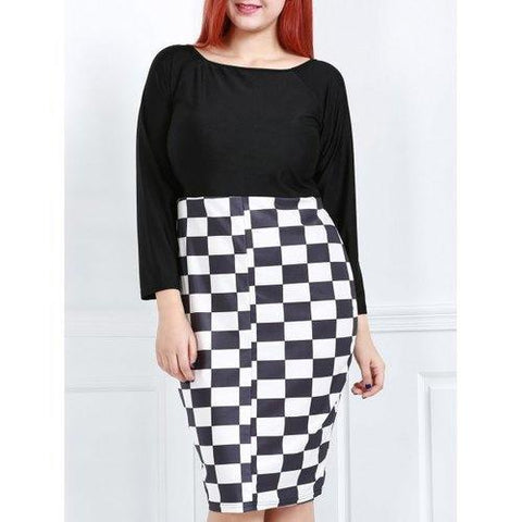 Off The Shoulder Plaid Panel Bodycon Long Sleeve Dress - White And Black L