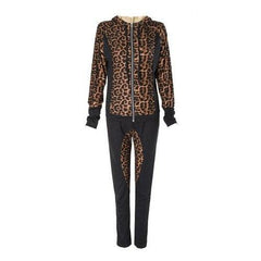 Stylish Hooded Long Sleeve Leopard Print Hoodie + Drawstring Pants Women's Twinset - Black S
