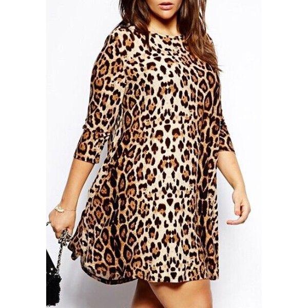Fashionable Round Neck Leopard Print Plus Size 3/4 Sleeve Dress For Women - Leopard 3xl