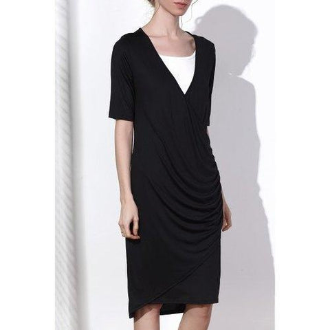Sexy Black V-Neck Half Sleeve Side Zippered Bodycon Dress For Women - Black 2xl