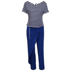 Casual Style Skew Neck Short Sleeve Striped T-Shirt + Drawstring Pants Women's Twinset - Blue And White L