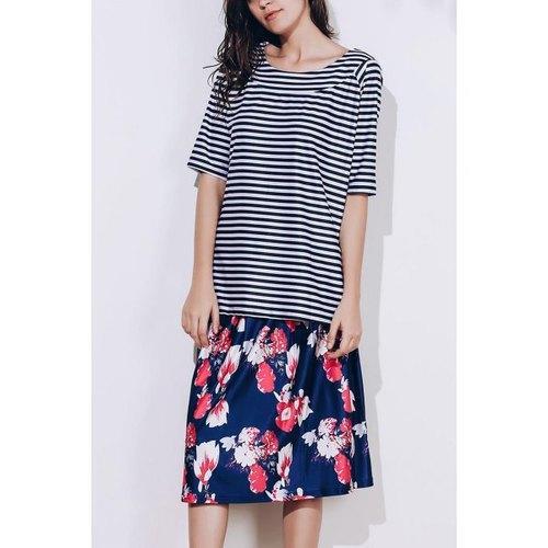 Elegant Scoop Neck Striped T-Shirt and Floral Printed Skirt Twinset For Women - 2xl