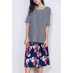 Elegant Scoop Neck Striped T-Shirt and Floral Printed Skirt Twinset For Women - 2xl