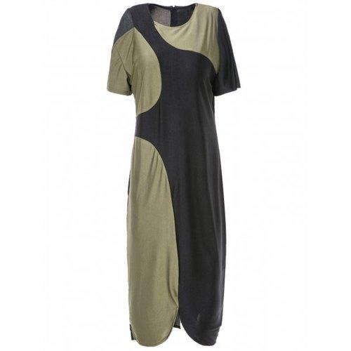 Sexy Round Collar Color Block Cut Out Slit Bodycon Dress For Women - Black And Green Xl