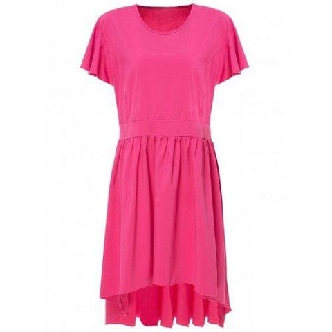 Sweet Scoop Neck Solid Color Pleated Asymmetric Plus Size Dress For Women - Red 3xl