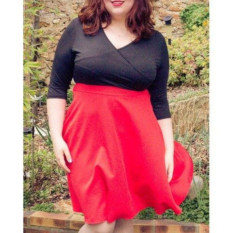 Plunging Neck 3/4 Sleeve Plus Size Skater Dress - Red 2xl