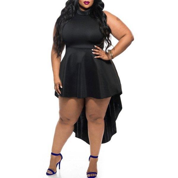 Stylish Women's Pure Color Asymmetical Round Neck Sleeveless Plus Size Dress - Black 2xl