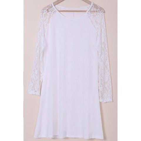 Plus Size Long Sleeve Shift Dress with Lace - White Xl