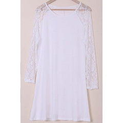 Plus Size Long Sleeve Shift Dress with Lace - White Xl