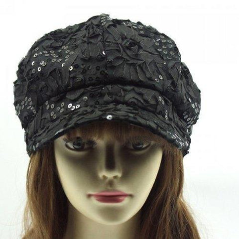 Chic Flower Shape and Sequins Embellished Newsboy Hat For Women - Black