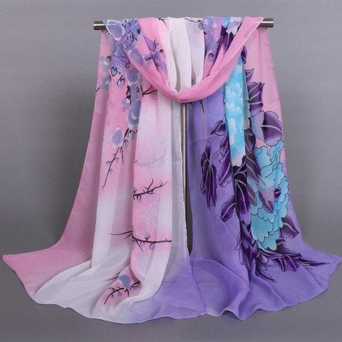 Chic Blooming Peony Wintersweet and Bird Pattern Chiffon Scarf For Women - Purple