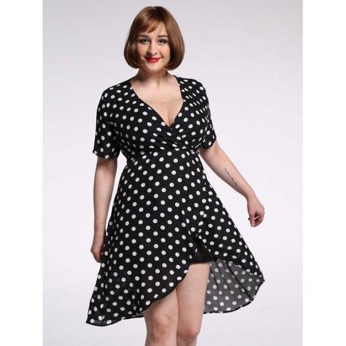 Plus Size Polka Dot Chiffon Plunge Asymmetric Dress - White And Black 6xl
