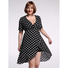 Plus Size Polka Dot Chiffon Plunge Asymmetric Dress - White And Black 6xl