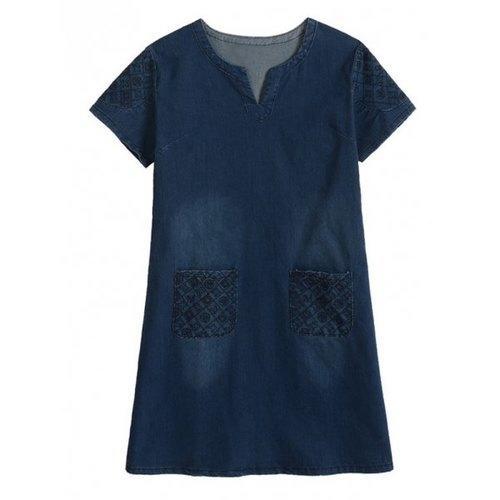 Plus Size Casual Distressed Embroidery Pockets Dress - Blue 3xl