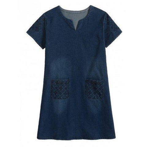 Plus Size Casual Distressed Embroidery Pockets Dress - Blue 3xl