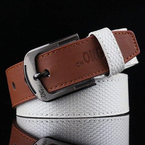 Cool Pin Buckle Color Block Embossed PU Belt - White
