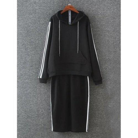 Sporty Contrast-Trim Hoodie Two Piece Dress - Black 4xl