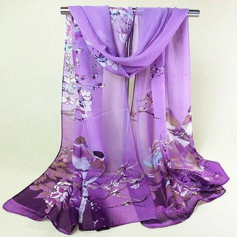 Flower and Magpie Print Chiffon Scarf - Purple