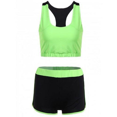Racerback U Neck Sporty Bra and Color Block Shorts Twinset - Neon Green M
