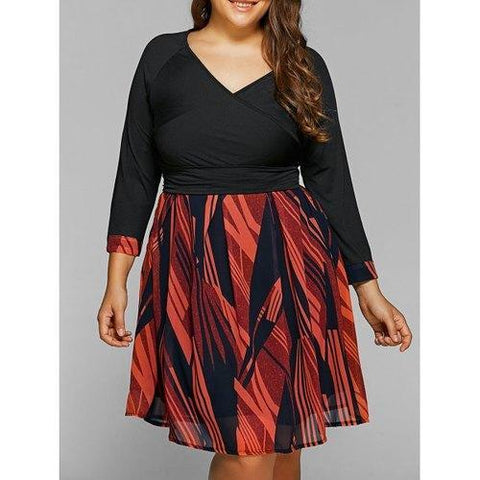 Back Lace-Up Geometry Print Plus Size Dress - Black Xl