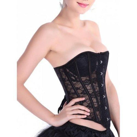 See-Through Lace-Up Waist Slimming Corset - Black Xl