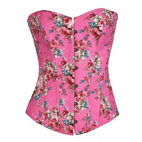 Slim Floral Print Lace-Up Corset - Rose Red L