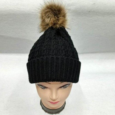 Faux Fur Bobble Cable Knit Hat - Black