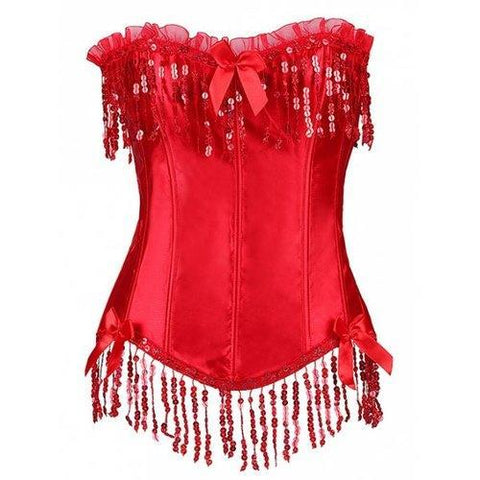 Sequined Fringe Steal Boned Corset - Red Xl