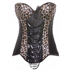 Lace Up Tassel Leopard Corset Top - Black Xl