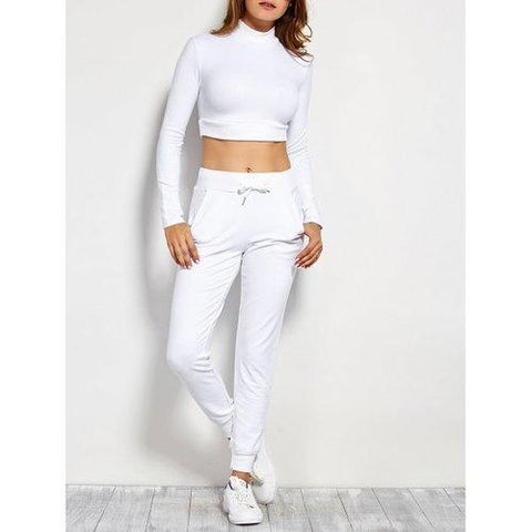 Long Sleeve Crop Top and Drawstring Pants - White L