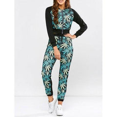 Leaf Print Running Jacket and Drawstring Jogger Pants - Black And Green Xl