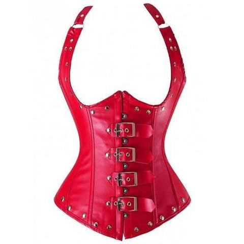 Cupless Buckle Rivet Leather Corset - Red L