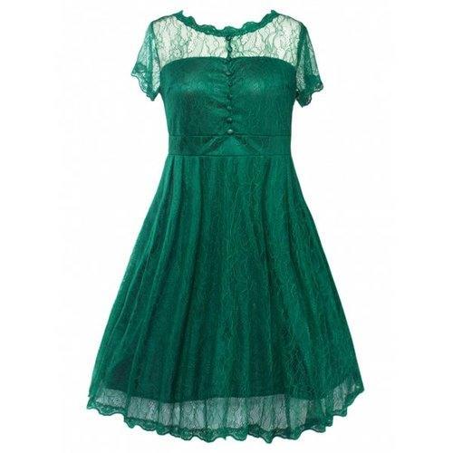 Buttoned Swing Vintage Plus Size A Line Lace Dress - Green 5xl