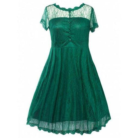 Buttoned Swing Vintage Plus Size A Line Lace Dress - Green 5xl