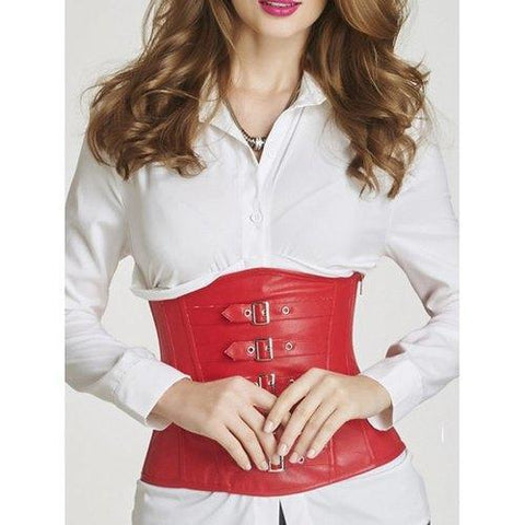 Faux Leather Buckle Underbust Corset - Red S