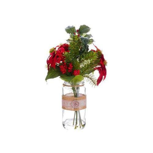 16.5" Artificial Red Poinsettia  Holly and Pine Christmas Arrangements with Glass Vase