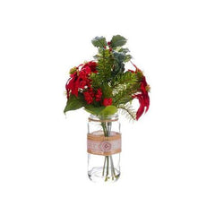 16.5" Artificial Red Poinsettia  Holly and Pine Christmas Arrangements with Glass Vase
