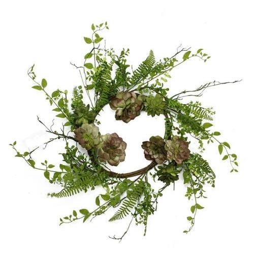 24" Green and Burgundy Red Artificial Succulent Plant and Mixed Fern Wreath - Unlit