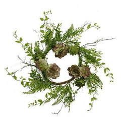 24" Green and Burgundy Red Artificial Succulent Plant and Mixed Fern Wreath - Unlit