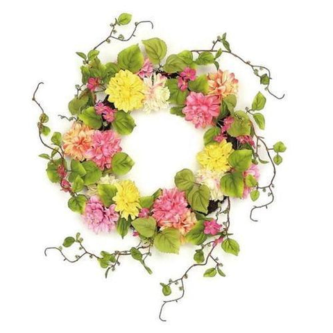 22" Decorative Pink and Yellow Mum and Wild Blossom Artificial Floral Wreath - Unlit
