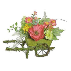12" Decorative Red Poppy and Orange Wildflower Artificial Floral Wheelbarrow Table Top Decoration