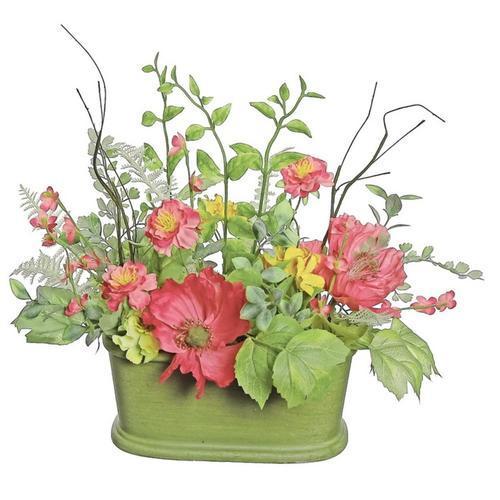 15" Red Poppy and Orange Wildflower Artificial Floral Table Top Decoration with Oval Pot
